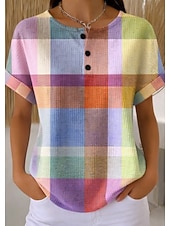  Hauts tricotés texturés Waffle pour femmes t-shirt à bloc de couleur graphique géométrique stylé classique à manches courtes col rond quotidiens sportifs week-end noir et blanc jaune vert arc-en-ciel