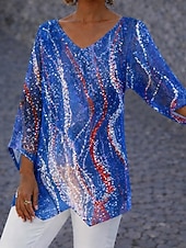 Χαμηλού Κόστους Ημέρα Ανεξαρτησίας Κορυφή-Ημέρα Αμερικανικής Ανεξαρτησίας Γυναικεία Πουκάμισο Μπλούζα Κουρελού Γραφική Σημαία Αφηρημένο Μοντέρνα Στυλάτο Κλασσικό Μακρυμάνικο Λαιμόκοψη V Μακριές μπλούζες Καθημερινά Αργίες Εξόδου