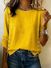 voordelige Overhemden-Dames Overhemden met linnenlook Linnen overhemd Blouse Lapwerk Knop Effen Elegant Vakantie Stijlvol Lange mouw Strakke ronde hals Normale tops Dagelijks Feestdagen Uitgaan blauw Zwart Wit Geel