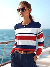 abordables T-shirt rayé et géométrique-Femmes T-shirt Imprimé Rayé Graphique Géométrique Océan ancien Mode Élégant manche longue Col ras du cou Hauts Réguliers Quotidien bleu marine Été Printemps