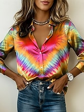  Femmes Chemise Chemise en satin Imprimé Graphique Teinture par nouage Bohème ancien Mode manche longue Col de chemise Hauts Réguliers Quotidien Fête Sortir Fuchsia Orange Été Printemps Automne