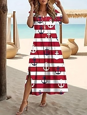 voordelige Gestreepte &amp; Geometrische Jurken-Dames Halflange jurk A lijn jurk Vakantie Casual Strandstijl Dagelijks Strand Feestdagen Ruim Passend Geometrisch Gestreept Korte mouw V-hals blauw Rood Groen Zomer Lente