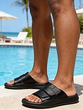 abordables Hommes-Men's Black Double Strap Slide Sandals Open-Toe Comfort Casual Slippers for Resort &amp; Poolside, Beach Vacation, Travel, Seaside Relaxing, Summer Daily Wear and Outdoor Leisure