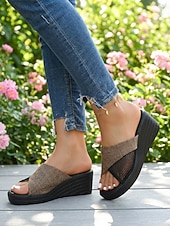 tanie Sandały na koturnie-Damskie beżowe sandały na koturnie z paskami na krzyż – letnie buty na platformie z odkrytymi palcami do ogrodu, na zewnątrz, na wakacje i na co dzień