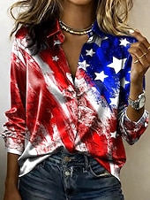 abordables Día de la Independencia Top-día de la independencia americana Mujer Camisa Camisa de raso Camisa con botones Camisa casual Estampado Graphic Bandera Clásico Casual Manga Larga Cuello Camisero Tops regulares Diario Festivos Noche