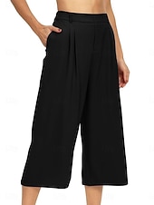 cheap Wide Leg &amp; High Waisted-Women's Capri Pants Wide Leg Chinos Vacation Streetwear Casual Calf-Length Medium Waist Plain Patchwork Pocket Elastic Waist Comfy Comfort Breathable Inelastic Daily Outdoor Streetwear Black Light