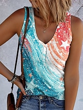  Amerikanischer Unabhängigkeitstag Damen Tank Top Druck Grafik Flagge Vintage Tropisch Stilvoll Ärmellos V Ausschnitt Normale Oberteile Täglich Blau Weiß Rote Leicht Blau Sommer Frühling