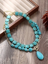 رخيصةأون اكسسوارات العطلة-قلادة نسائية بوهيمية متعددة الطبقات من الفيروز، وقلادة من الخرز المصنوع من الأحجار الصناعية وسلسلة من سبيكة الذهب مع قلادة على شكل دمعة، مناسبة لعطلات الصيف الشاطئية البوهيمية والاستخدام اليومي غير الرسمي