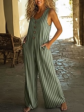 billige ferie jumpsuit-Dame Kjeledresser Aktiv Stripet Ermeløs Ermeløs Bred Bukseben U-hals Lomme Knapper Daglig Feriereise Løstsittende Blå Militærgrønn Navyblå Sommer