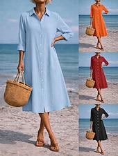 tanie Podstawowe sztuczne sukienki-Damskie Sukienka midi Sukienka koszulowa Codzienne sukienki Sukienka A line Sukienka z imitacji lnu Moda Podstawowy Nowoczesny Codzienny Urlop Wyjściowe Regularny Równina Długi rękaw Kołnierzyk