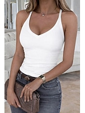 baratos Tanque Simples-Mulheres Tops tricotados em costura Malha Íntima Top ajustado Túnica Côr Sólida à moda quente Casual Sem Manga Decote V Alças Finas Tops regulares Diário Para Noite Preto Branco Vinho Roxo Marron