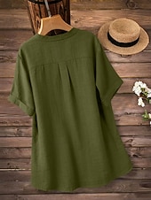 voordelige Overhemden-Dames Overhemden met linnenlook Blouse Overhemd van imitatie linnen Knop Effen Kleur Dagelijks Stijlvol Basic Halve mouw V-hals Normale tops Dagelijks blauw Zwart Geel Rood Paars Zomer Lente Herfst