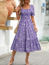 cheap Casual Floral Dresses-Women's Midi Dress Casual Dress Floral Dress Elegant Fashion Modern Outdoor Vacation Going out Regular Fit Floral Short Sleeve Square Neck Blue Black White Pink Summer Spring