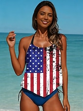 abordables Traje de baño del Día de la Independencia-Traje de baño tankini de dos piezas para mujer, con motivo del Día de la Independencia de Estados Unidos, sin espalda, para vacaciones en la playa, con cuello halter y bandera estadounidense, sin