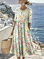 ieftine Rochii casual florale-Pentru femei Rochii Midi Rochie de schimb Vacanță Casual Boho Zilnic Rochie de vară Rochie de primăvară Fit regulat Floral Grafic Lungime Manșon 3/4 Stil Nautic Albastru piscină Alb Verde Deschis