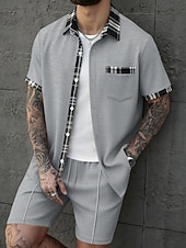 preiswerte Herren Basic Hemden Sets-Herren Zweiteilig Hemd Set Sommer-Set Und Set Kontrastfarbe Lässig Täglich Urlaub Hemdkragen Kurzarm Kurze Hose Sommer Frühling Mode Lässig Bequem Bekleidung