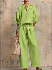 abordables Ensembles-Femmes Ensemble effet lin Ensembles en coton et lin Manche 3/4 Uni Vacances Quotidien Bleu Noir Vert Claire Été Coupe Ample