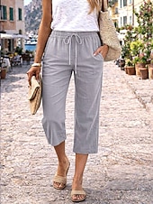 billige Luksuriøse bukser-Dame Capri-bukser Linbukser i bomull kinesisk Sommershorts Ferie Grunnleggende Fritid Kalv lengde Høy Midje عادي Lomme Elastisk midje comfy Komfort Myk Elastisk Daglig utendørs Gate Marineblå Vin