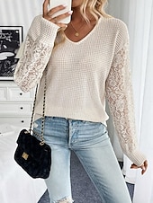 economico T-shirt semplice-Per donna Maglietta Waffle Maglietta Blusa Top in pizzo Pizzo Semplice Elegante Essenziale Classico Manica Lunga Scollo a V Top Regolari Quotidiano Ferie Uscire Albicocca Estate Primavera