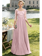 economico Lunghezza del pavimento-Linea ad A Lunghezza al pavimento Abito da invitata a nozze Abito Formale Abito da sera Abito da cerimonia per signora Manica 3/4 Collo gioiello Elegante Ricevimento di matrimonio Chiffon Pizzo con