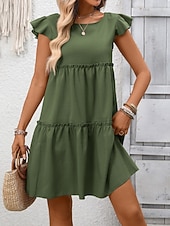 baratos Vestido branco-Mulheres Minivestido Vestido casual vestidos peplum Elegante Moda Moderno Ao ar livre Férias Para Noite Ajuste Largo Tecido Manga Curta Gola Redonda Azul Preto Verde Tropa Vinho Verão Primavera