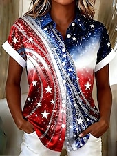  Ημέρα Αμερικανικής Ανεξαρτησίας Γυναικεία Πουκάμισο Βαμβακερά λινά πουκάμισα Μπλούζα Κουμπιά Φλοράλ Γραφική Σημαία Βίντατζ Στυλάτο Καθημερινό Αμάνικο Κοντομάνικο Κολάρο Πουκαμίσου Μακριές μπλούζες