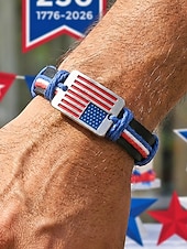  Męska regulowana skórzana bransoletka z motywem amerykańskiej flagi, wykonana z prawdziwej skóry, w stylu patriotycznym, idealna na 250. rocznicę Stanów Zjednoczonych, Dzień Niepodległości i na co dzień, na świeżym powietrzu