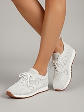baratos Ténis de mulher-Tênis feminino branco de malha com cadarço – calçado leve, respirável e confortável para caminhadas, ideal para férias em resorts, viagens à praia e uso diário.