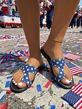 abordables Zapatos de mujer-Sandalias de playa para mujer con motivo del 250.º aniversario de EE. UU.: blancas y azules, con estampado de estrellas patrióticas, ideales para el 4 de julio y las vacaciones. &amp; playa