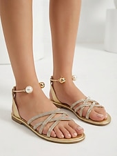 cheap Women-Women's Elegant Black Strappy Sandals - Comfortable Flat Summer Slides with Sparkling Rhinestones &amp; Ankle Strap for Luxury Hotel Stays, Poolside Parties &amp; Resort Vacations