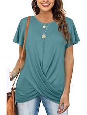 baratos Camiseta lisa-Mulheres Camiseta T-shirt Franzido Tecido Moda à moda Clássico Manga Curta Gola Redonda Tops regulares Diário Para Noite Final de semana Azul Preto Branco Rosa Vinho Verão Primavera