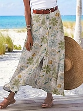  בגדי ריקוד נשים יום יומי בוהו מקסי גיזרה בינונית (אמצע) חצאיות פרחוני דפוס קצוות מפוצלים מיקרו-אלסטי רחוב ליציאה פול כחול סקיי חום ירוק קיץ פוליאסטר