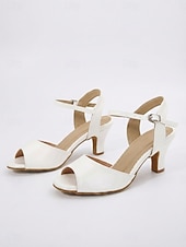 abordables Zapatos de baile latino-Zapatos blancos de baile latino para mujer con correa en el tobillo, tacones profesionales de salón con punta abierta para salsa y tango. &amp;Zapatillas de baile ligeras y flexibles para practicar y para