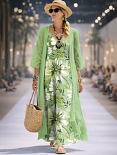 abordables Vestido Floral-Mujer Conjunto de vestido Vestido de una línea Elegante Vacaciones Floral Graphic Multi capa Estampado Vestido maxi Manga 3/4 Escote en Pico Diario Fiesta Azul Piscina Rosa Morado Verano Primavera