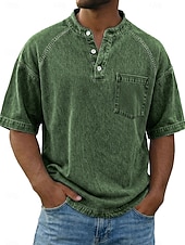 ieftine tricouri de bază-Bărbați Tricou Cămașă Demin Cămașă de spălat cu acid 100% bumbac Manșon scurt Guler de stand Henley Toamna iarna Primăvară Toamnă Simplu Epocă Șic Stradă Casual Buzunar Vopsit în haine Spălat Casual