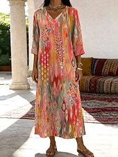 baratos Vestidos Boho-Mulheres Vestido Longo Vestido Maxi Vestido Boho Vestido de turno Vestidos Para o Verão vestido de praia Boêmia Férias Étnico Praia Feriado Encontro Ajuste Largo Gráfico Abstrato Manga 3/4 Decote V