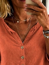abordables Blusas Sencillas-Mujer Blusa Encaje Botones Color sólido Elegante Casual Manga 3/4 Escote en Pico Tops regulares Diario Azul Piscina Negro Blanco Rosa Naranja Primavera Otoño