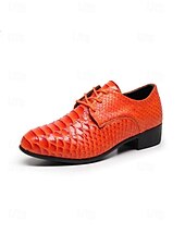 baratos Sapatos Derby-Sapatos sociais masculinos em couro sintético laranja vibrante com estampa de cobra, bico fino e cadarço, ideais para baladas, festas, ocasiões especiais e casamentos.