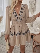 preiswerte Lässige Blumenkleider-Damen Minikleid Boho-Kleid Freizeitkleid Elegant Mode Modern Outdoor Urlaub Ausgehen Normale Passform Blumen Langarm V Ausschnitt Schwarz Wein Rote Grün Sommer Frühling