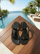 Недорогие Плоские сандалии-женские черные босоножки с ремешками и кольцом на большом пальце с регулируемой пряжкой — удобные летние туфли на плоской подошве для повседневной носки