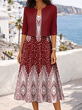 cheap Art&amp;Design Dress-Women's Dress Set A Line Dress Elegant Casual Graphic Geometric Layered Print Midi Dress Half Sleeve V Neck Daily Blue Red Purple Summer Spring Regular Fit