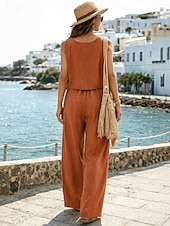 preiswerte Wesentliche Faux Co-ord Sets-Damen Hosen-Sets Kunstbaumwollleinen Ärmellos Rundhalsausschnitt Einfach Elegant Mode Streetwear Lässig Täglich Outdoor Blau Schwarz Orange Sommer Lässiger Schnitt