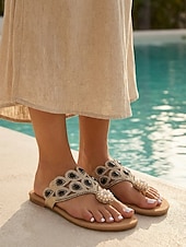 baratos Mulheres-Chinelo feminino boho com aplicações de joias - elegante cristal azul royal &amp;Sandálias rasteiras com tira em T e pérolas, perfeitas para férias na piscina e escapadelas na praia. &amp;roupas de resort de