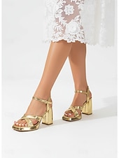 economico Sandali con Piattaforma-Eleganti sandali da donna con plateau metallizzato color oro: sandali con tacco alto a blocco e punta quadrata con cinturino alla caviglia, perfetti per vacanze in resort di lusso, feste serali e matrimoni.