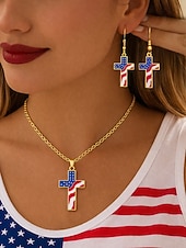 voordelige Accessoires-Damesketting en oorbellen met kruisje van legering, gouden en zilveren patriottische sieraden, oorbellen met hanger in de vorm van een Amerikaanse vlag, perfect voor de 250e verjaardag van de VS, Onafhankelijkheidsdag, casual kleding en vakantie.