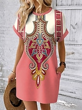preiswerte Boho Kleid-Damen Minikleid Shiftkleid T-Shirt-Kleid Sommerkleid Lässig Täglich Ferien Date Normale Passform Grafik Stammes Ethnisch Kurzarm Rundhalsausschnitt Blau Rote Purpur Grün Sommer Frühling