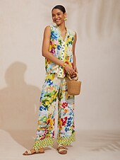 billiga Damvästar 1-Luftig ärmlös topp i linne-look med citrusträdgård och semestermönster