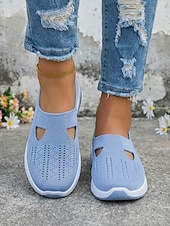 baratos Ténis de mulher-Tênis slip-on feminino azul claro em malha respirável – calçado esportivo leve e confortável, estilo casual e atlético para viagens e caminhadas. &amp;uso diário