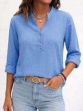 abordables Blusas Sencillas-Mujer Blusa Botones Color sólido Vintage Diario Elegante Manga Larga Escote en Pico Tops largos Diario Azul Piscina Negro Blanco Morado Verde Trébol Verano Primavera Otoño