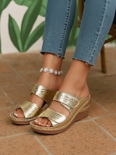 economico Sandali con zeppa-sandali con zeppa dorati da donna – comode scarpe con velcro in rilievo coccodrillo per viaggi, spiaggia e abbigliamento casual